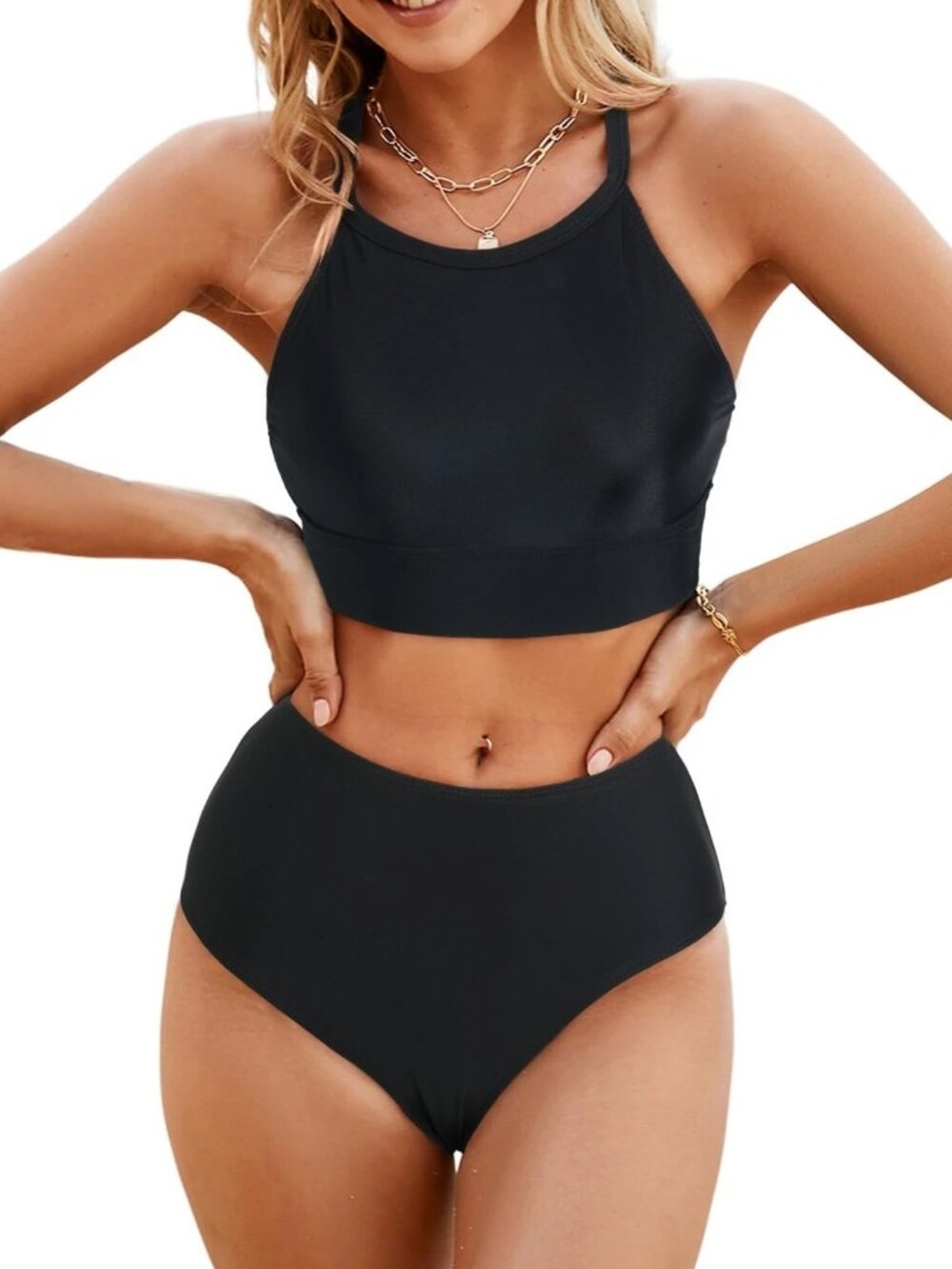 Herseas Women's Black Bikini Sets High Round Neck Criss Cross Swimwear